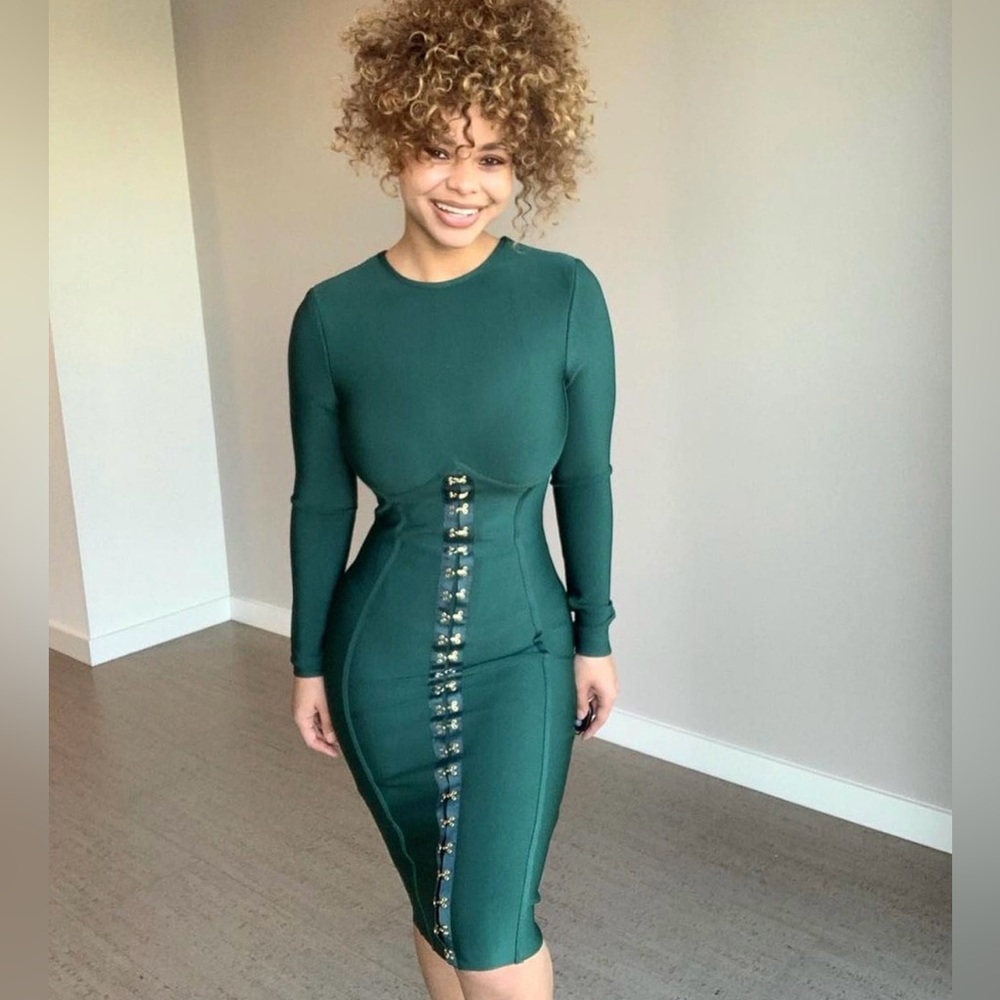 Miss Circle green Emerald knit Bodycon midi dress